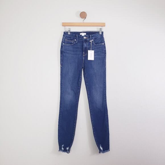 Good American Good Legs Skinny Jeans Raw Hem Stretch Dark Denim NWT 2/26 - Picture 2 of 11